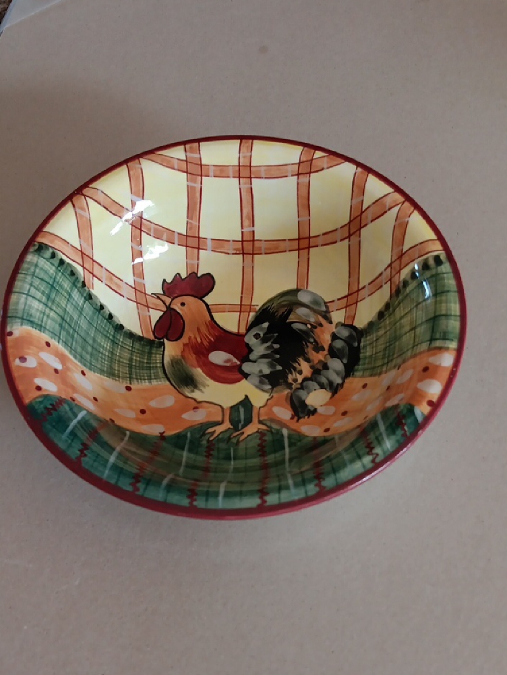 Hand-Painted Rooster Ceramic Bowl - Yellow, Green, Orange